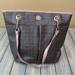 Anne Klein Brown Patterned Tote Bag Purse with Pink Trim
